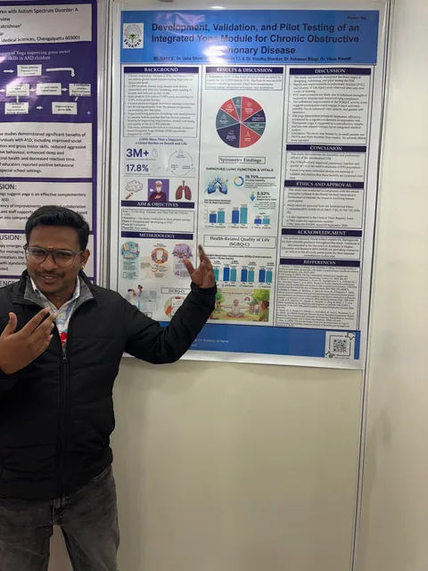 Nikhil standing beside a research poster at S-VYASA