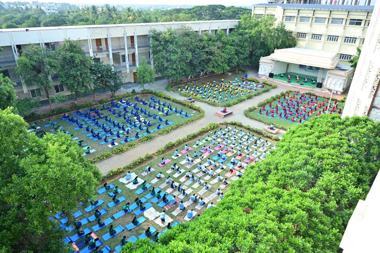 Overhead view of a large outdoor yoga gathering